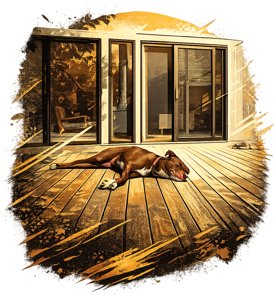 A painted illustration of a brown dog asleep in the afternoon sun on a wooden deck, sliding glass doors behind.